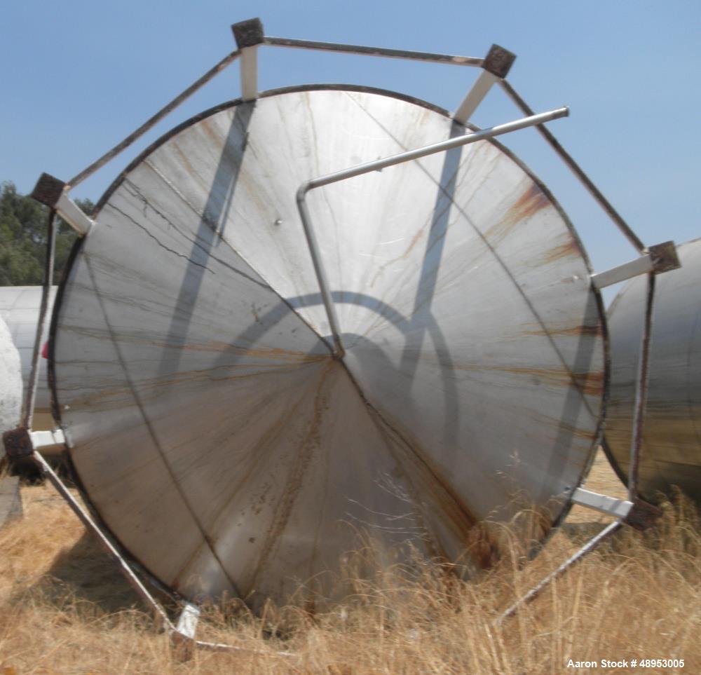 Used Tank, Approximate 12,000 Gallon, Stainless Steel tank, Vertical. Approximately 11' diameter x 16' straight side, cone top with 2” diameter center top opening, 20” diameter top manway and 4” diam...