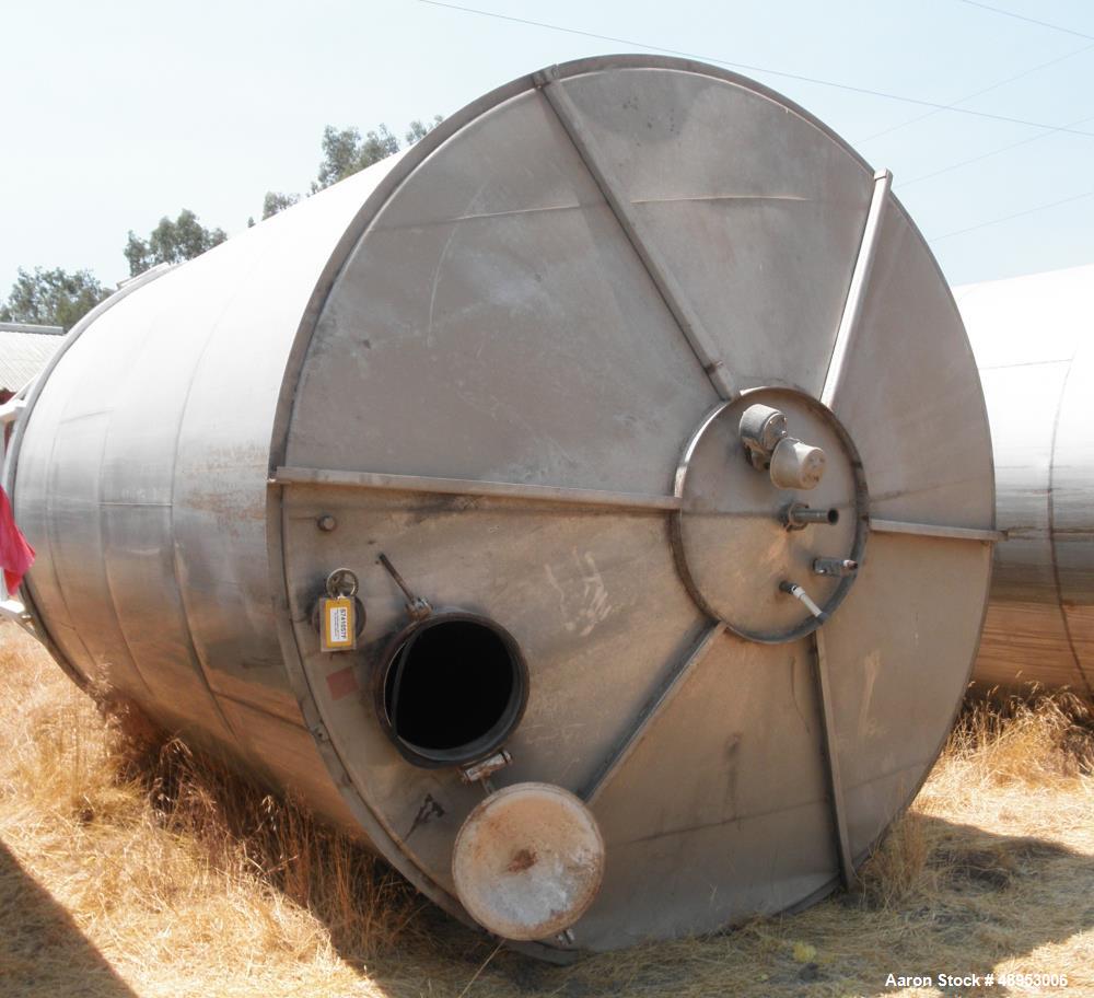 Used Tank, Approximate 12,000 Gallon, Stainless Steel tank, Vertical. Approximately 11' diameter x 16' straight side, cone top with 2” diameter center top opening, 20” diameter top manway and 4” diam...