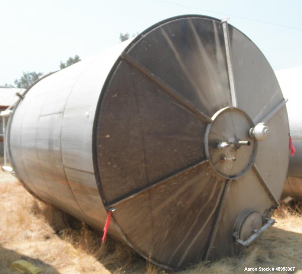 Used Tank, Approximate 12,000 Gallon, Stainless Steel tank, Vertical. Approximately 11' diameter x 16' straight side, cone top with 2” diameter center top opening, 20” diameter top manway and 4” diam...