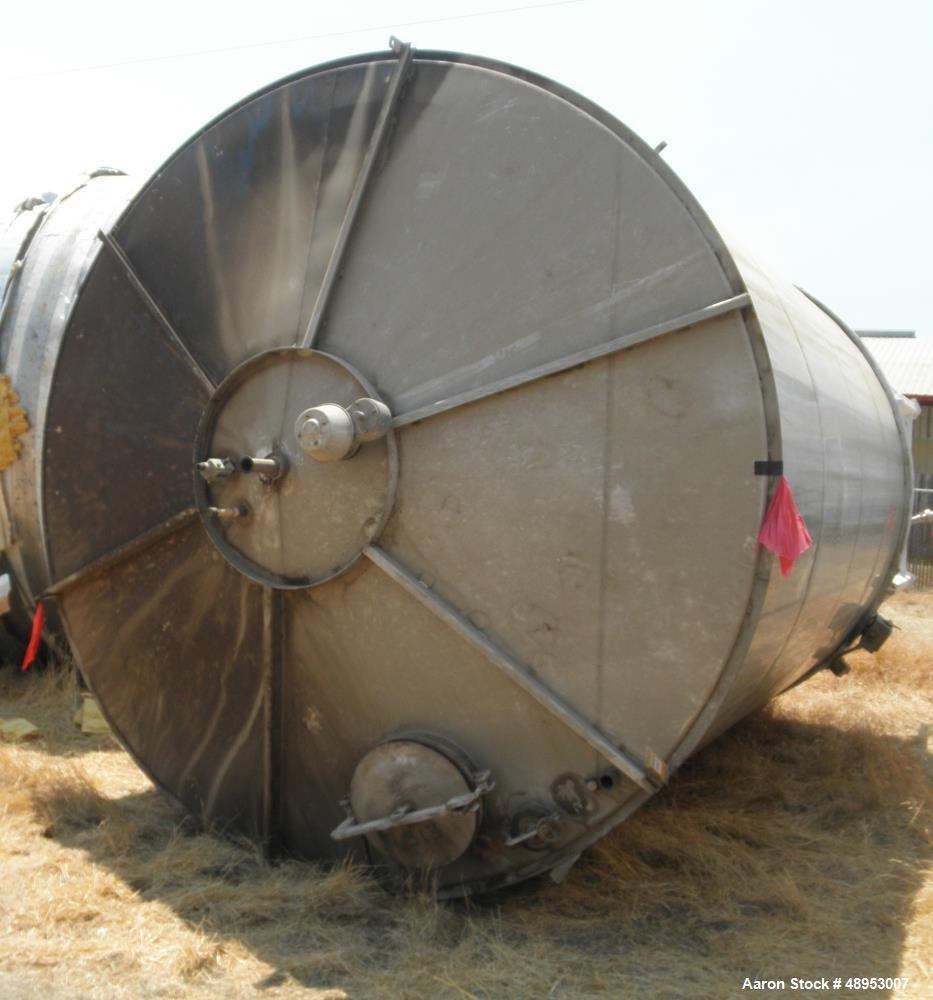 Used Tank, Approximate 12,000 Gallon, Stainless Steel tank, Vertical. Approximately 11' diameter x 16' straight side, cone top with 2” diameter center top opening, 20” diameter top manway and 4” diam...