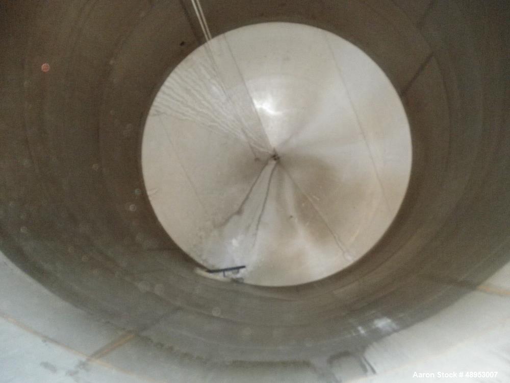 Used Tank, Approximate 12,000 Gallon, Stainless Steel tank, Vertical. Approximately 11' diameter x 16' straight side, cone top with 2” diameter center top opening, 20” diameter top manway and 4” diam...