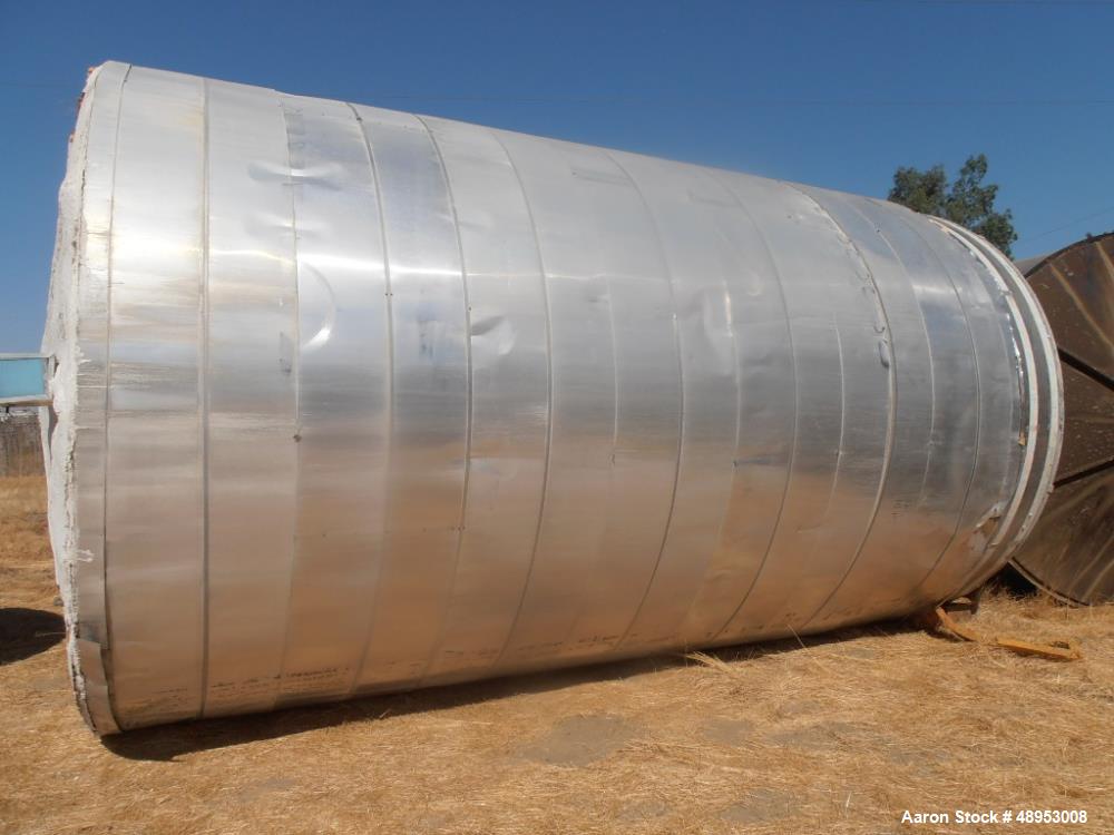 Used Tank, 17,000 Gallon, Stainless Steel, Vertical. Approximate 12' diameter x 20' straight side. Includes cone top with slight sloped bottom to 3" diameter side bottom outlet, 16" x 20" oval side b...