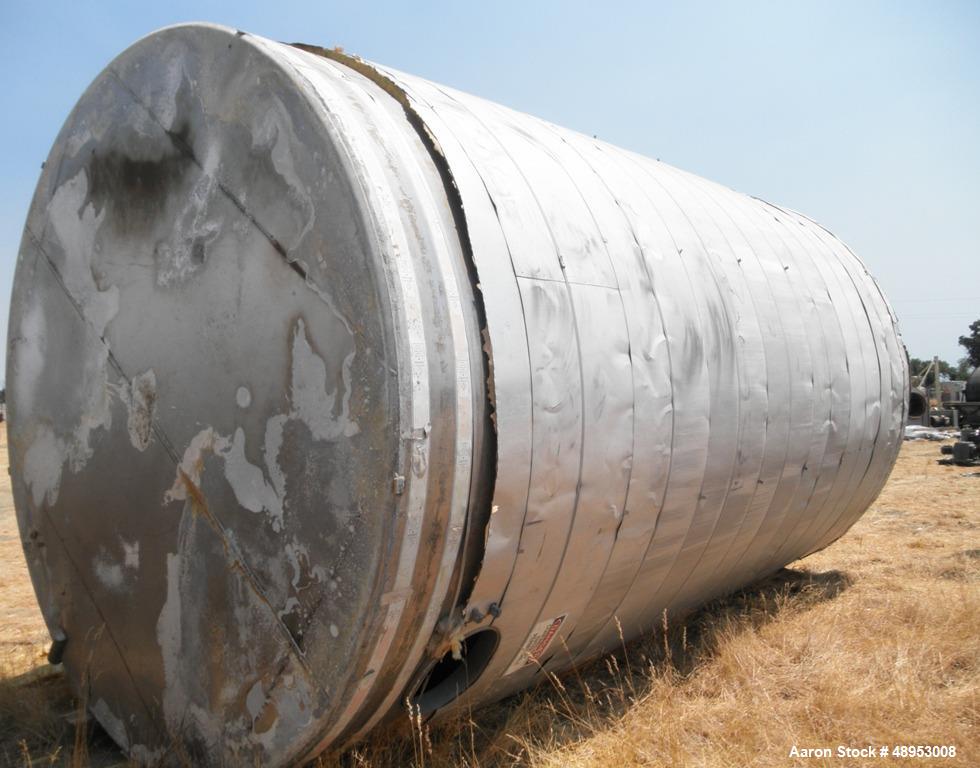 Used Tank, 17,000 Gallon, Stainless Steel, Vertical. Approximate 12' diameter x 20' straight side. Includes cone top with slight sloped bottom to 3" diameter side bottom outlet, 16" x 20" oval side b...