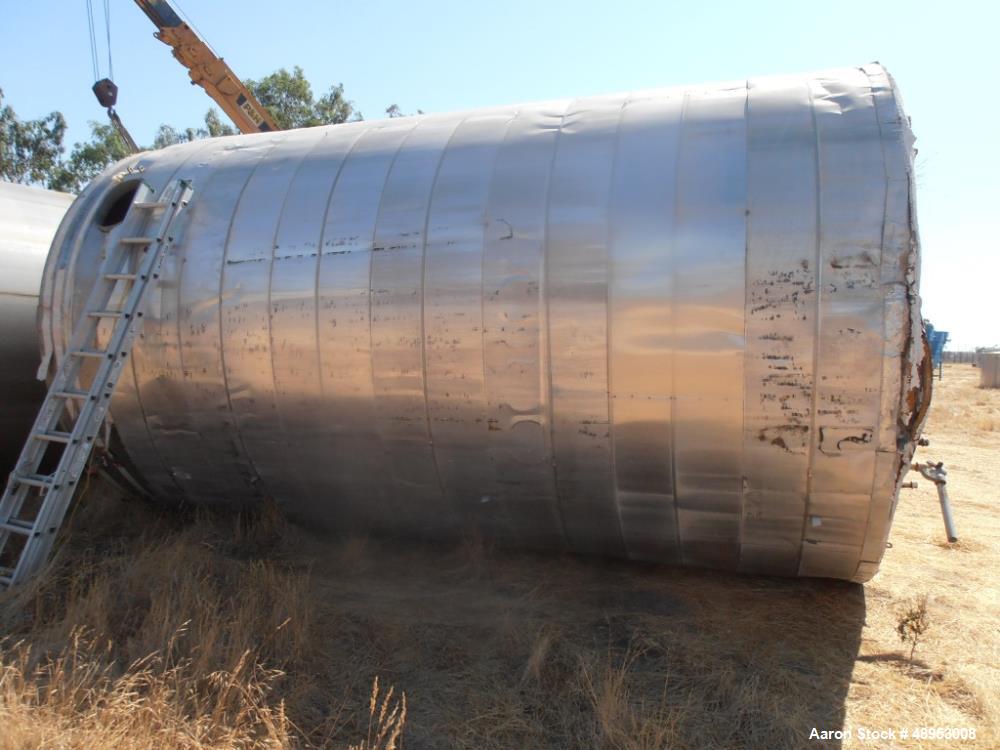 Used Tank, 17,000 Gallon, Stainless Steel, Vertical. Approximate 12' diameter x 20' straight side. Includes cone top with slight sloped bottom to 3" diameter side bottom outlet, 16" x 20" oval side b...