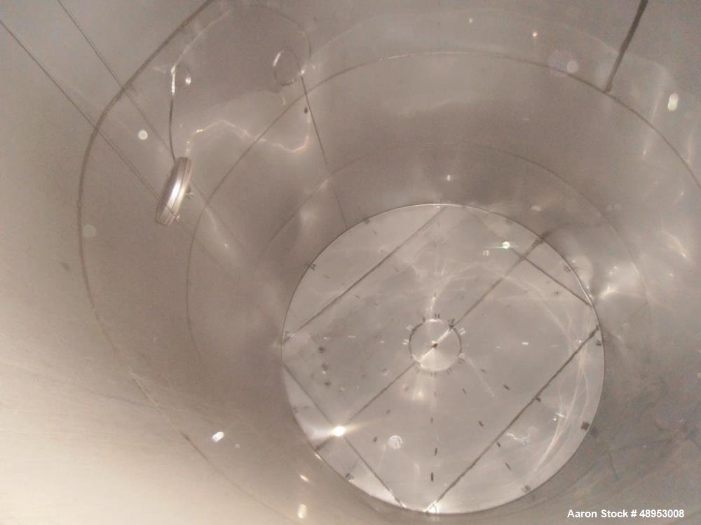 Used Tank, 17,000 Gallon, Stainless Steel, Vertical. Approximate 12' diameter x 20' straight side. Includes cone top with slight sloped bottom to 3" diameter side bottom outlet, 16" x 20" oval side b...