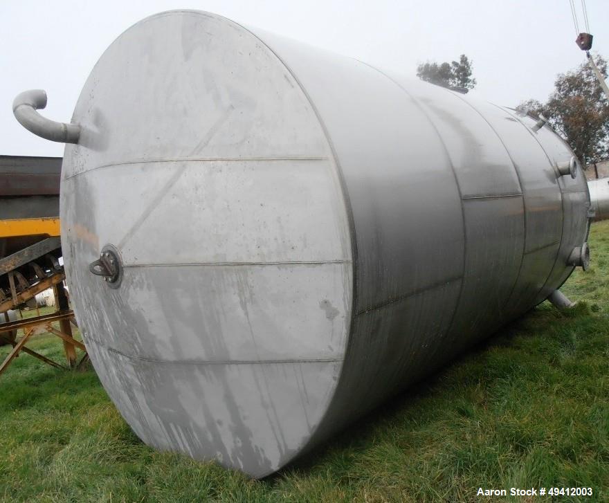 Used Tank, 20,000 Gallon, Stainless Steel, Vertical. Approximately 11-1/2' diameter x  25' high, cone top and flat bottom. Top head openings: 6" vent, top side openings: 4", side bottom opening: 24" ...