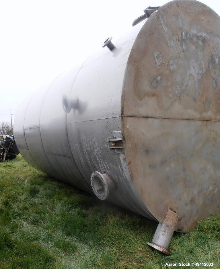 Used Tank, 20,000 Gallon, Stainless Steel, Vertical. Approximately 11-1/2' diameter x  25' high, cone top and flat bottom. Top head openings: 6" vent, top side openings: 4", side bottom opening: 24" ...