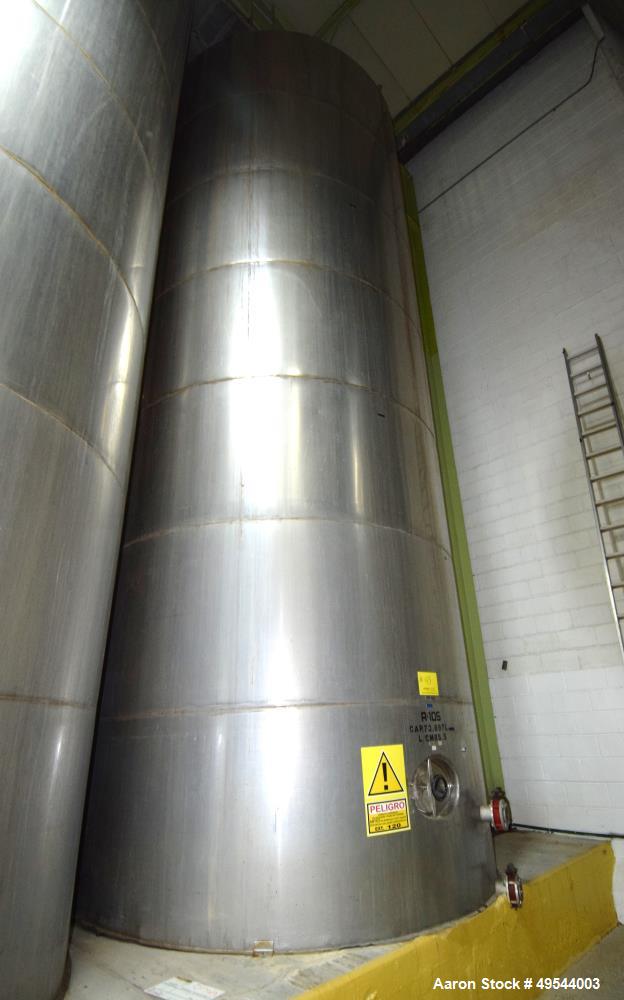 Used Tank, Approximate 19,500 Gallon, 14 Gauge Stainless steel, Vertical. Approximate 130” diameter x 336” straight side, coned top, 7” sloped bottom. Openings top 16” man way with cover and approxim...