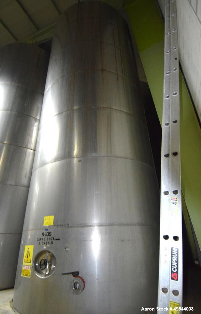 Used Tank, Approximate 19,500 Gallon, 14 Gauge Stainless steel, Vertical. Approximate 130” diameter x 336” straight side, coned top, 7” sloped bottom. Openings top 16” man way with cover and approxim...