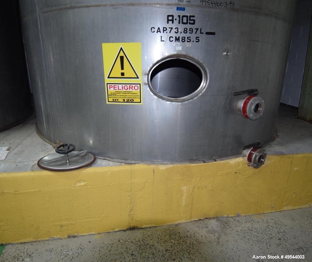 Used Tank, Approximate 19,500 Gallon, 14 Gauge Stainless steel, Vertical. Approximate 130” diameter x 336” straight side, coned top, 7” sloped bottom. Openings top 16” man way with cover and approxim...