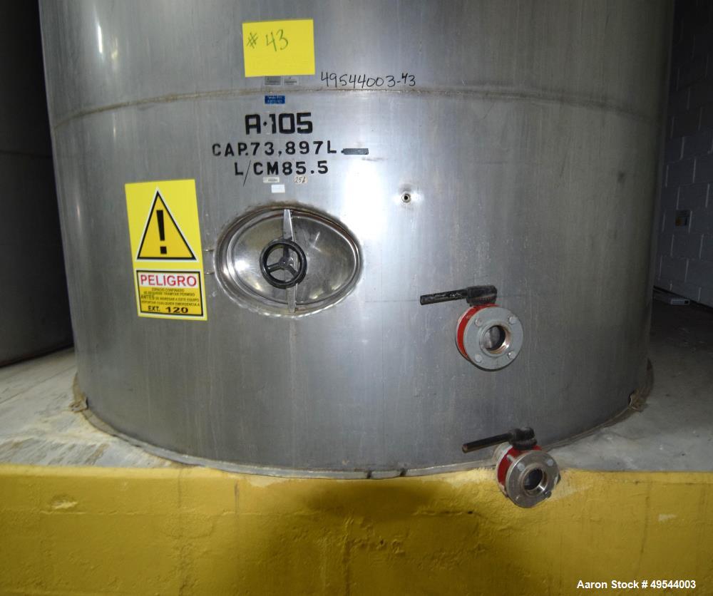 Used Tank, Approximate 19,500 Gallon, 14 Gauge Stainless steel, Vertical. Approximate 130” diameter x 336” straight side, coned top, 7” sloped bottom. Openings top 16” man way with cover and approxim...