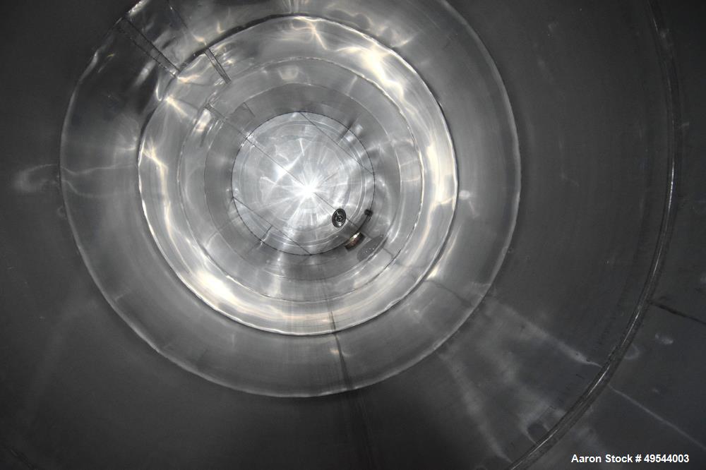Used Tank, Approximate 19,500 Gallon, 14 Gauge Stainless steel, Vertical. Approximate 130” diameter x 336” straight side, coned top, 7” sloped bottom. Openings top 16” man way with cover and approxim...