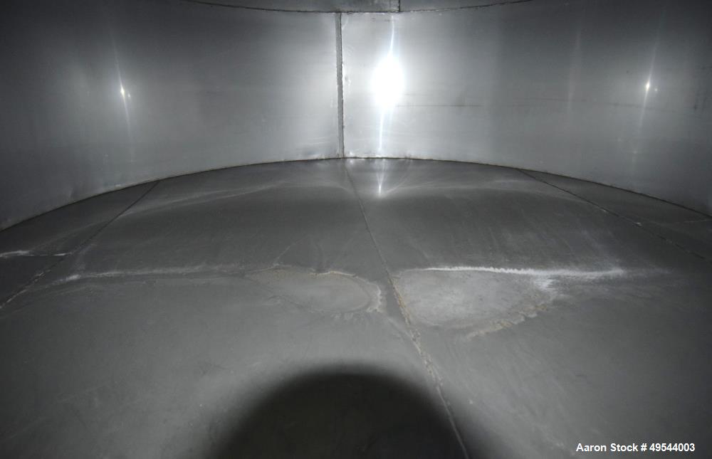 Used Tank, Approximate 19,500 Gallon, 14 Gauge Stainless steel, Vertical. Approximate 130” diameter x 336” straight side, coned top, 7” sloped bottom. Openings top 16” man way with cover and approxim...