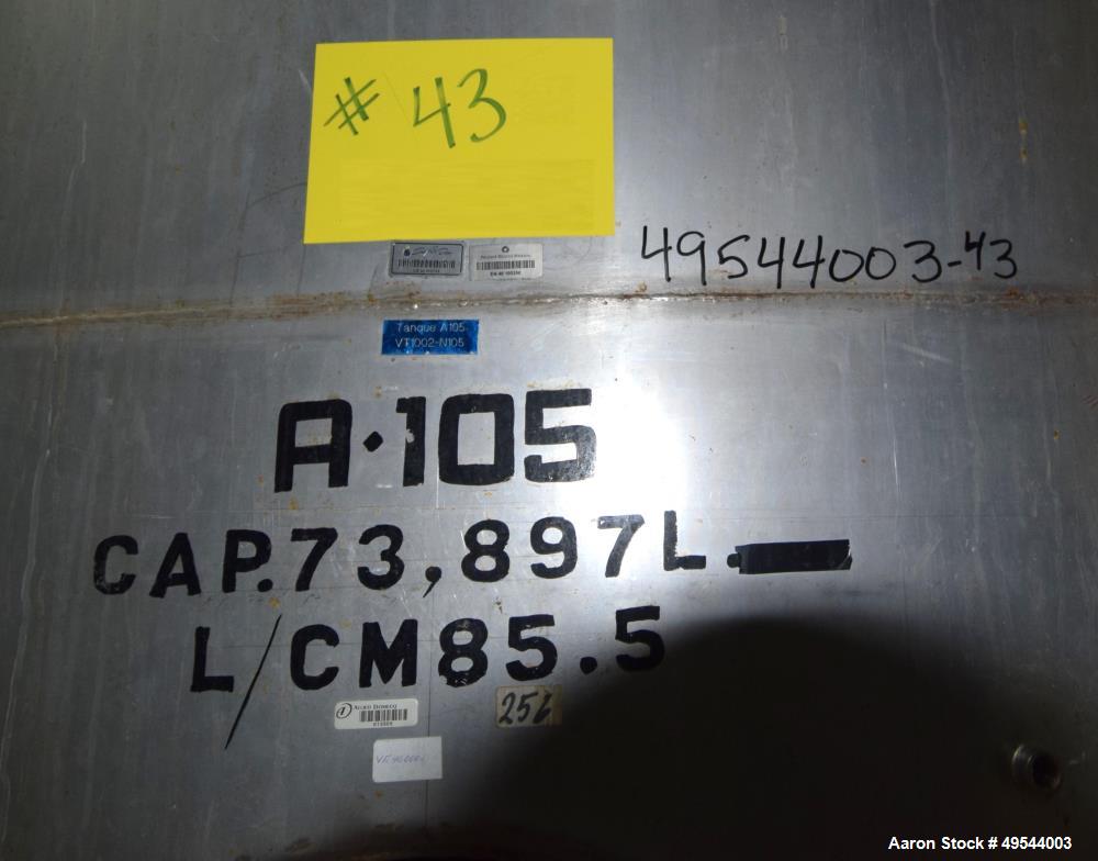 Used Tank, Approximate 19,500 Gallon, 14 Gauge Stainless steel, Vertical. Approximate 130” diameter x 336” straight side, coned top, 7” sloped bottom. Openings top 16” man way with cover and approxim...