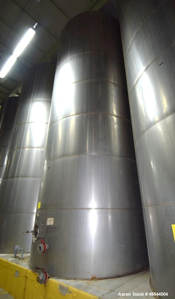 Used Tank, Approximate 19,500 Gallon, 14 Gauge Stainless steel, Vertical. Approximate 130” diameter x 336” straight side, coned top, 7” sloped bottom. Openings top 16” man way with cover and approxim...