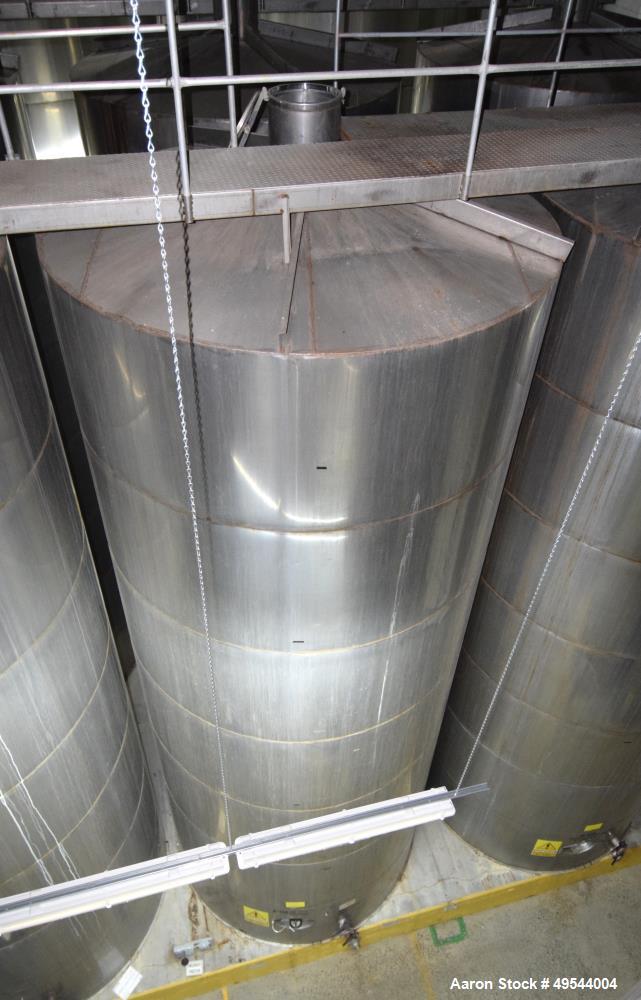 Used Tank, Approximate 19,500 Gallon, 14 Gauge Stainless steel, Vertical. Approximate 130” diameter x 336” straight side, coned top, 7” sloped bottom. Openings top 16” man way with cover and approxim...