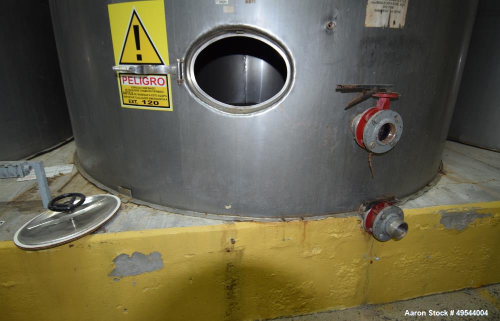 Used Tank, Approximate 19,500 Gallon, 14 Gauge Stainless steel, Vertical. Approximate 130” diameter x 336” straight side, coned top, 7” sloped bottom. Openings top 16” man way with cover and approxim...