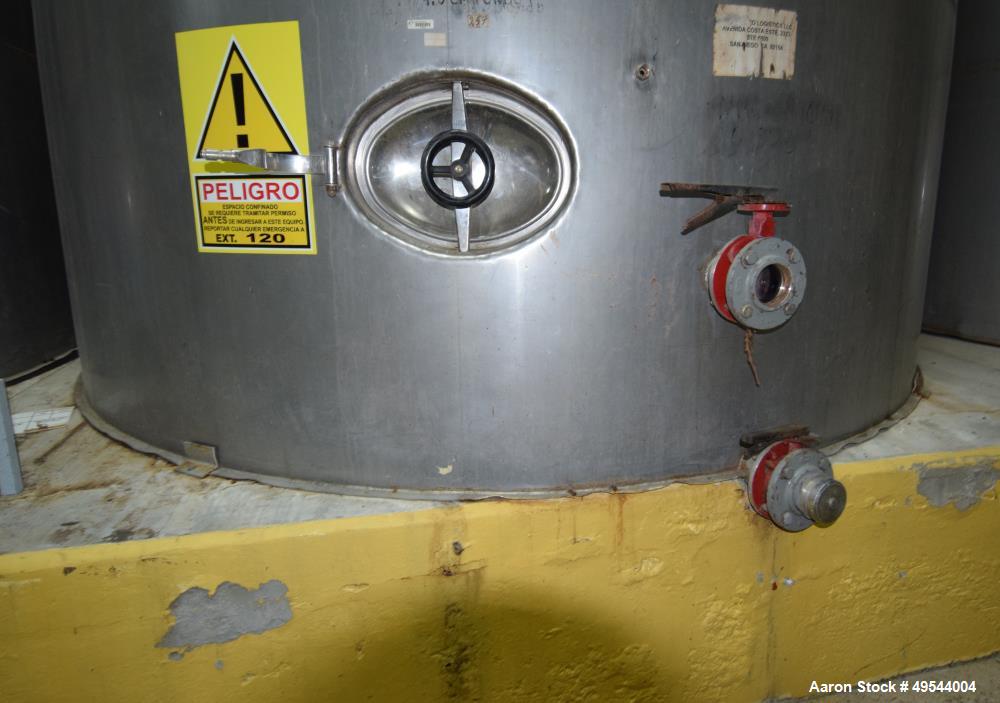 Used Tank, Approximate 19,500 Gallon, 14 Gauge Stainless steel, Vertical. Approximate 130” diameter x 336” straight side, coned top, 7” sloped bottom. Openings top 16” man way with cover and approxim...