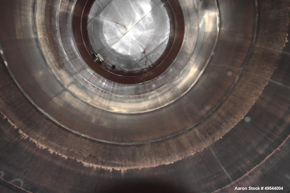 Used Tank, Approximate 19,500 Gallon, 14 Gauge Stainless steel, Vertical. Approximate 130” diameter x 336” straight side, coned top, 7” sloped bottom. Openings top 16” man way with cover and approxim...