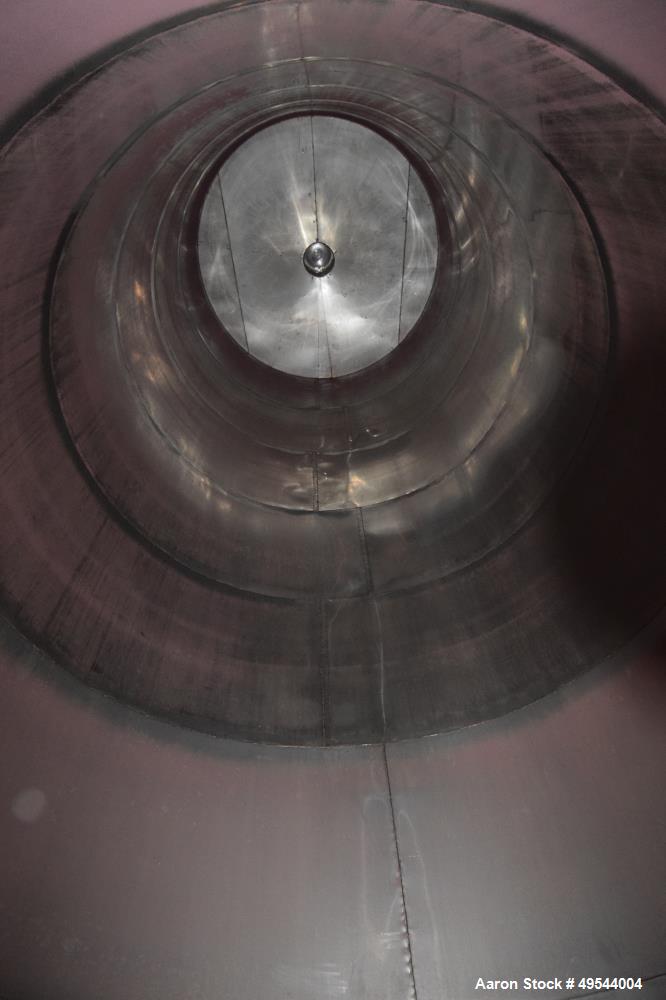 Used Tank, Approximate 19,500 Gallon, 14 Gauge Stainless steel, Vertical. Approximate 130” diameter x 336” straight side, coned top, 7” sloped bottom. Openings top 16” man way with cover and approxim...