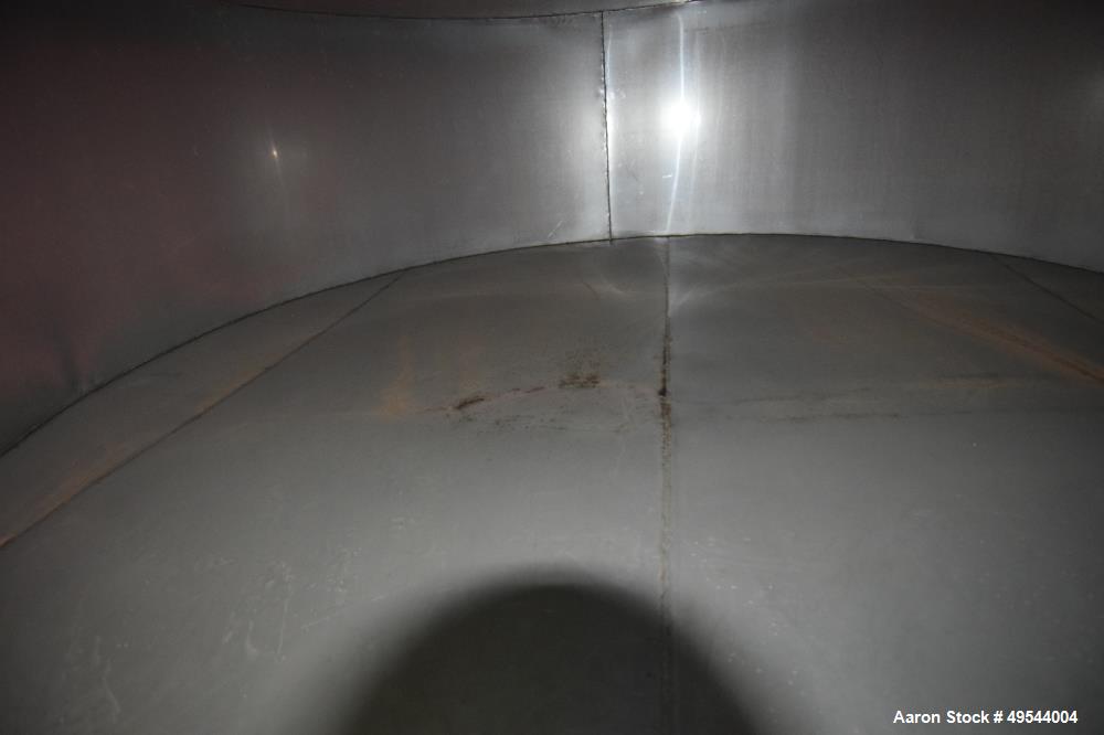 Used Tank, Approximate 19,500 Gallon, 14 Gauge Stainless steel, Vertical. Approximate 130” diameter x 336” straight side, coned top, 7” sloped bottom. Openings top 16” man way with cover and approxim...