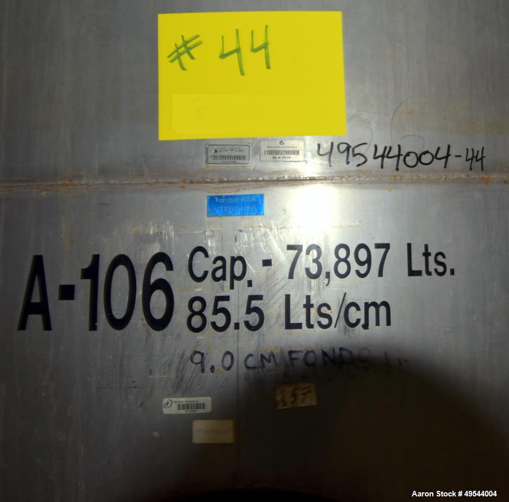 Used Tank, Approximate 19,500 Gallon, 14 Gauge Stainless steel, Vertical. Approximate 130” diameter x 336” straight side, coned top, 7” sloped bottom. Openings top 16” man way with cover and approxim...