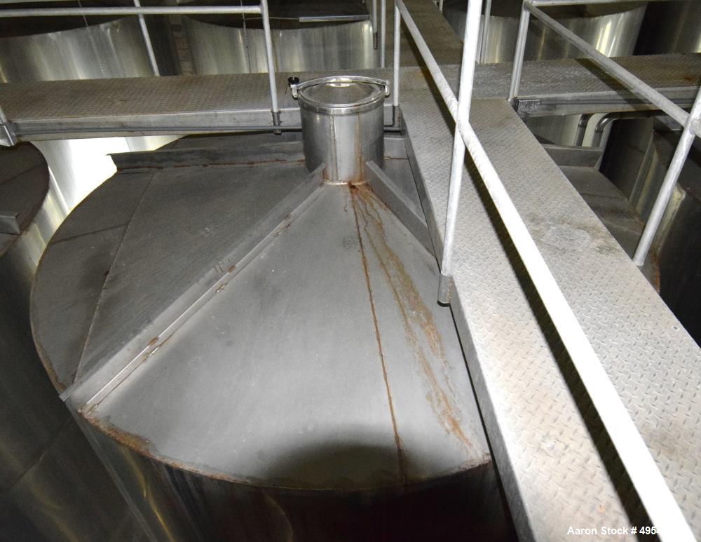 Used Tank, Approximate 19,500 Gallon, 14 Gauge Stainless steel, Vertical. Approximate 130” diameter x 336” straight side, coned top, 7” sloped bottom. Openings top 16” man way with cover and approxim...