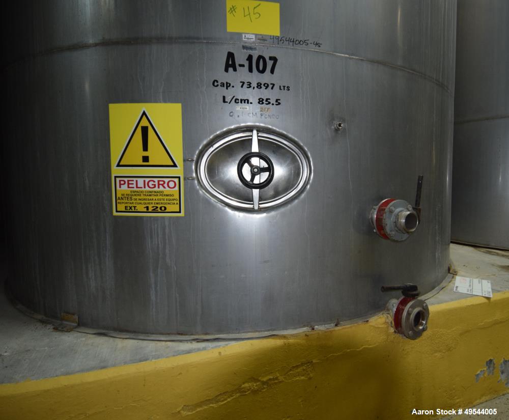 Used Tank, Approximate 19,500 Gallon, 14 Gauge Stainless steel, Vertical. Approximate 130” diameter x 336” straight side, coned top, 7” sloped bottom. Openings top 16” man way with cover and approxim...