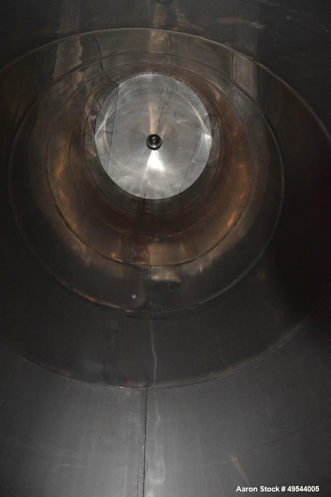 Used Tank, Approximate 19,500 Gallon, 14 Gauge Stainless steel, Vertical. Approximate 130” diameter x 336” straight side, coned top, 7” sloped bottom. Openings top 16” man way with cover and approxim...