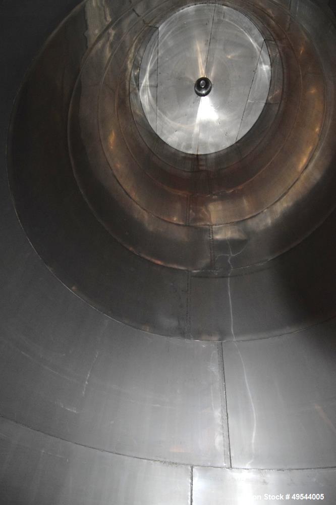 Used Tank, Approximate 19,500 Gallon, 14 Gauge Stainless steel, Vertical. Approximate 130” diameter x 336” straight side, coned top, 7” sloped bottom. Openings top 16” man way with cover and approxim...