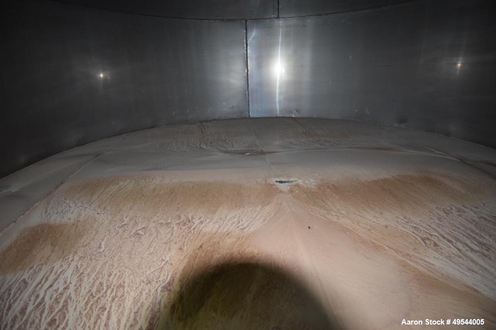 Used Tank, Approximate 19,500 Gallon, 14 Gauge Stainless steel, Vertical. Approximate 130” diameter x 336” straight side, coned top, 7” sloped bottom. Openings top 16” man way with cover and approxim...