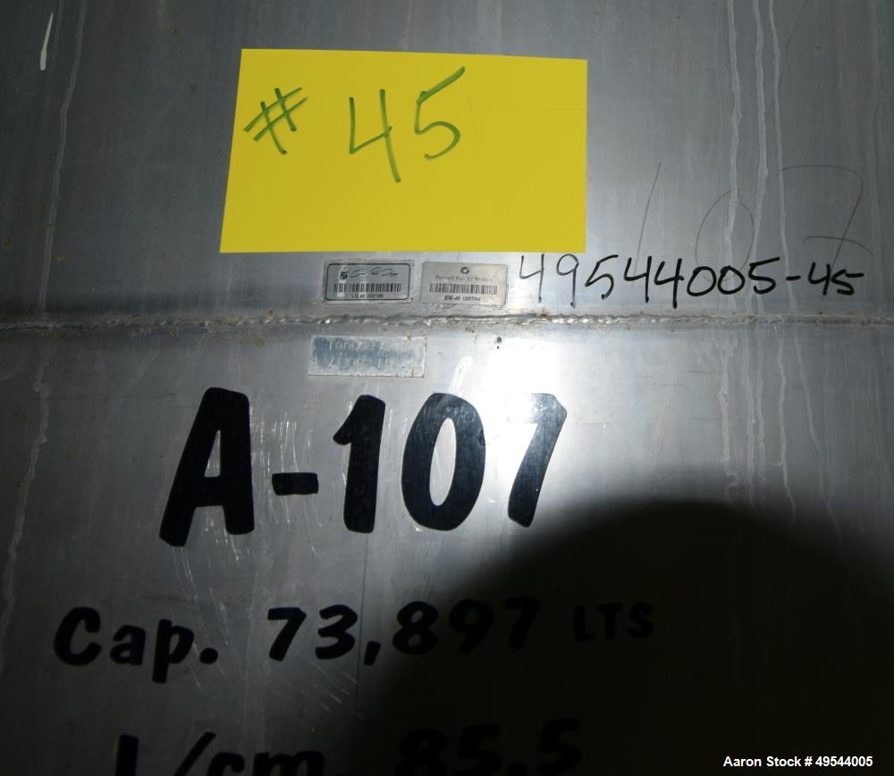 Used Tank, Approximate 19,500 Gallon, 14 Gauge Stainless steel, Vertical. Approximate 130” diameter x 336” straight side, coned top, 7” sloped bottom. Openings top 16” man way with cover and approxim...