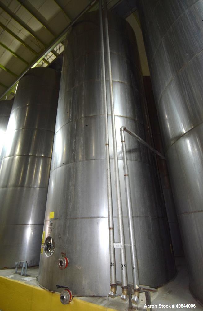 Used Tank, Approximate 19,500 Gallon, 14 Gauge Stainless steel, Vertical. Approximate 130” diameter x 336” straight side, coned top, 7” sloped bottom. Openings top 16” man way with cover and approxim...