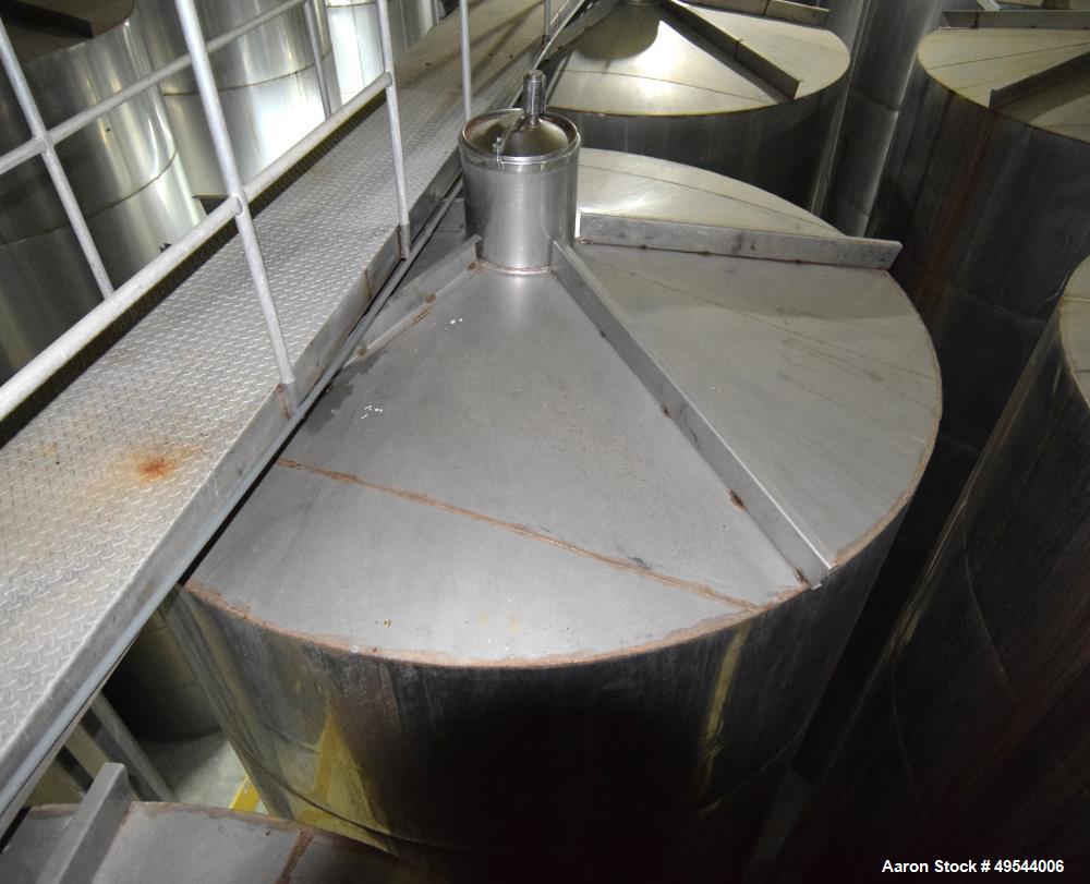 Used Tank, Approximate 19,500 Gallon, 14 Gauge Stainless steel, Vertical. Approximate 130” diameter x 336” straight side, coned top, 7” sloped bottom. Openings top 16” man way with cover and approxim...