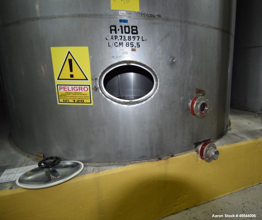 Used Tank, Approximate 19,500 Gallon, 14 Gauge Stainless steel, Vertical. Approximate 130” diameter x 336” straight side, coned top, 7” sloped bottom. Openings top 16” man way with cover and approxim...