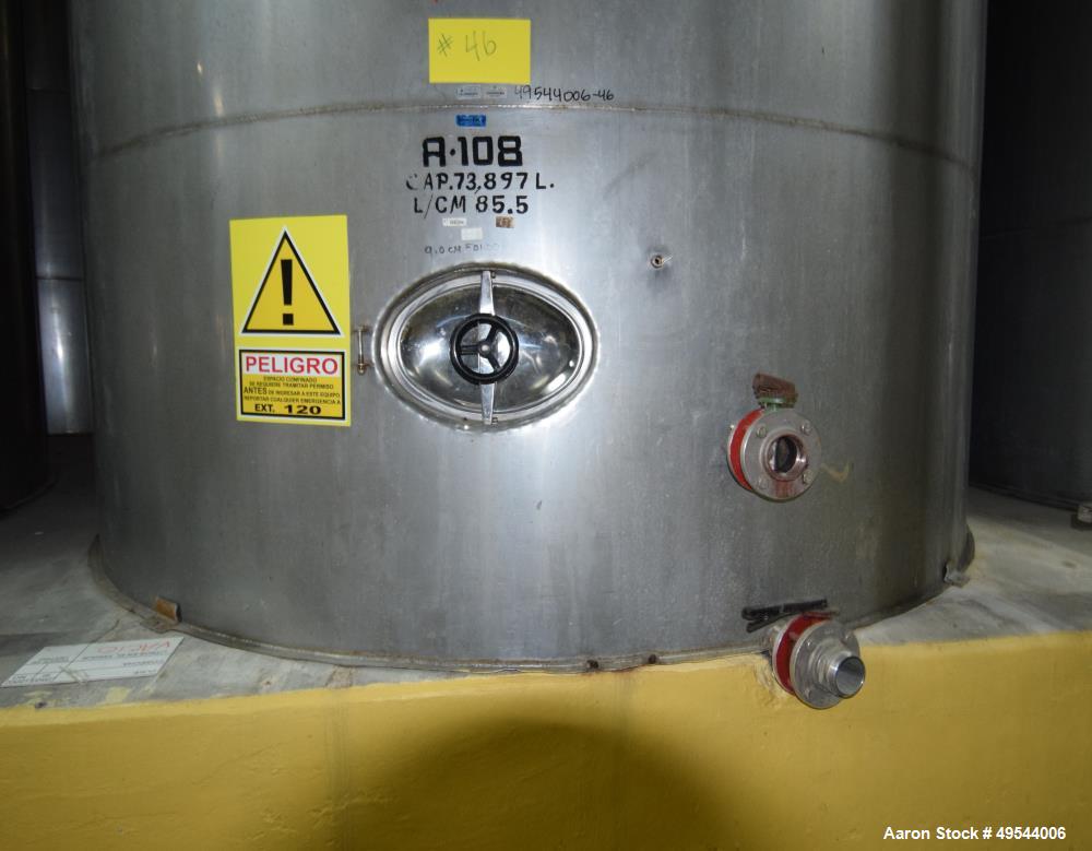 Used Tank, Approximate 19,500 Gallon, 14 Gauge Stainless steel, Vertical. Approximate 130” diameter x 336” straight side, coned top, 7” sloped bottom. Openings top 16” man way with cover and approxim...
