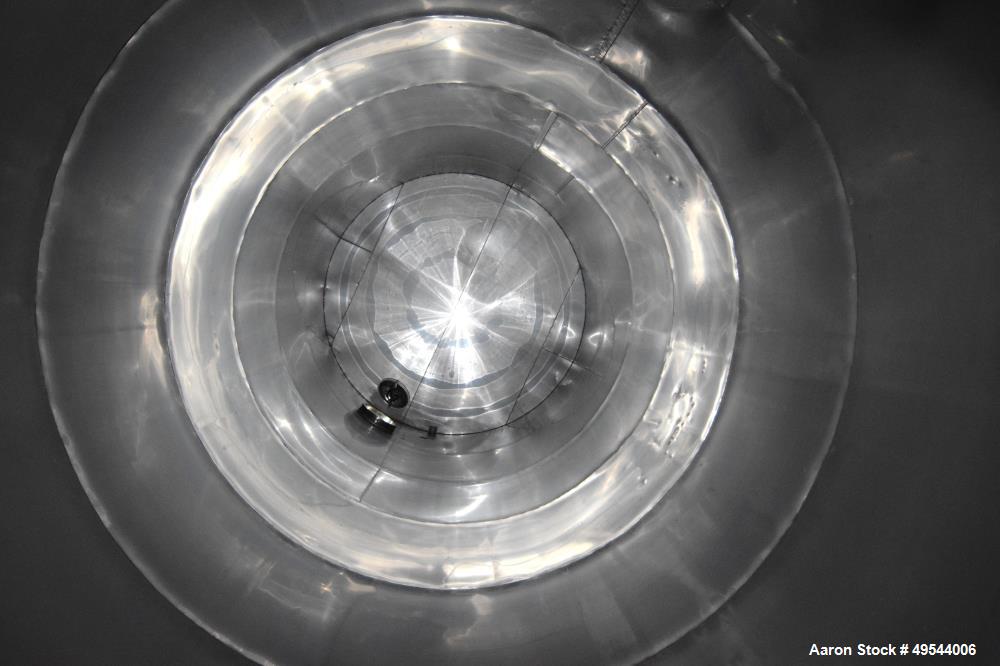 Used Tank, Approximate 19,500 Gallon, 14 Gauge Stainless steel, Vertical. Approximate 130” diameter x 336” straight side, coned top, 7” sloped bottom. Openings top 16” man way with cover and approxim...