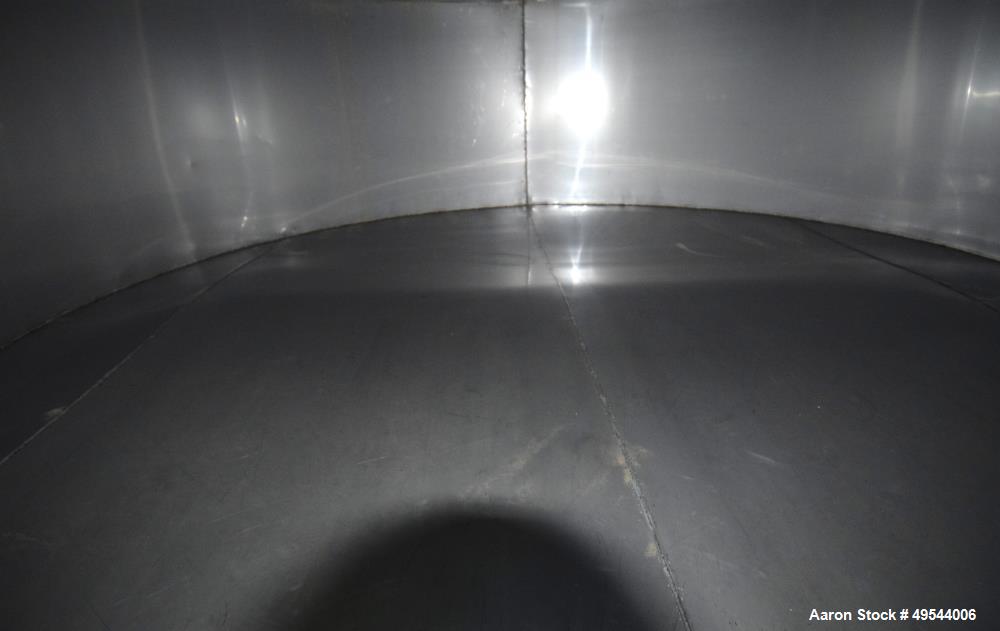 Used Tank, Approximate 19,500 Gallon, 14 Gauge Stainless steel, Vertical. Approximate 130” diameter x 336” straight side, coned top, 7” sloped bottom. Openings top 16” man way with cover and approxim...