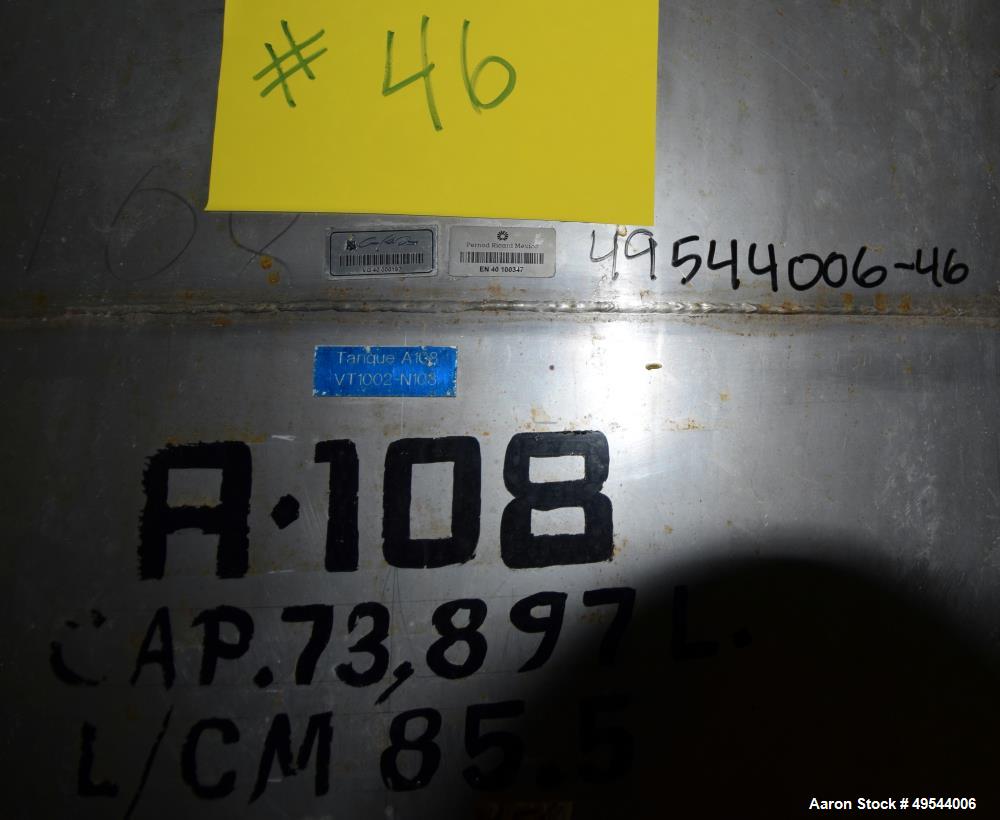 Used Tank, Approximate 19,500 Gallon, 14 Gauge Stainless steel, Vertical. Approximate 130” diameter x 336” straight side, coned top, 7” sloped bottom. Openings top 16” man way with cover and approxim...