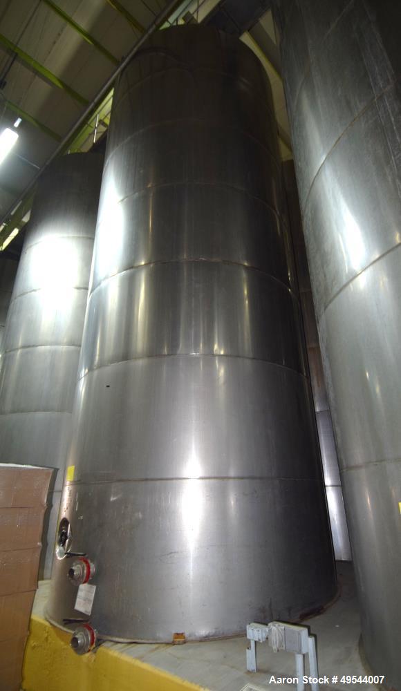 Used Tank, Approximate 19,500 Gallon, 14 Gauge Stainless steel, Vertical. Approximate 130” diameter x 336” straight side, coned top, 7” sloped bottom. Openings top 16” man way with cover and approxim...