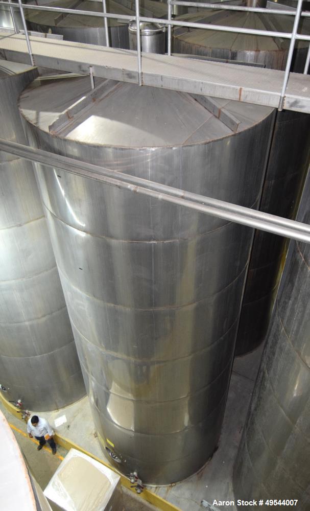 Used Tank, Approximate 19,500 Gallon, 14 Gauge Stainless steel, Vertical. Approximate 130” diameter x 336” straight side, coned top, 7” sloped bottom. Openings top 16” man way with cover and approxim...