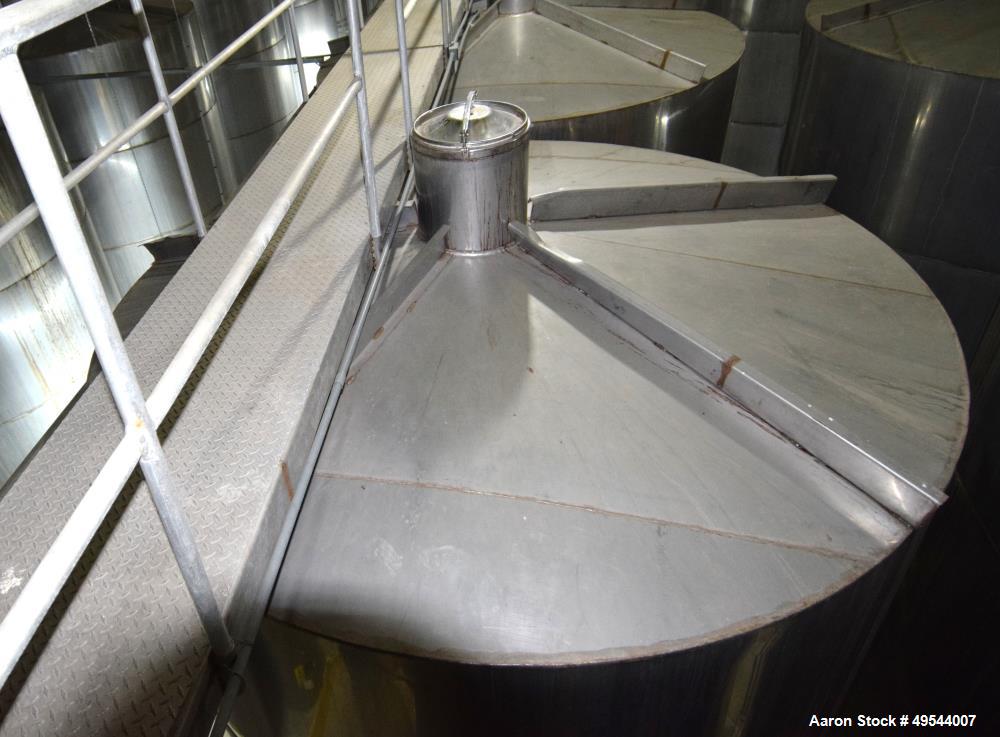 Used Tank, Approximate 19,500 Gallon, 14 Gauge Stainless steel, Vertical. Approximate 130” diameter x 336” straight side, coned top, 7” sloped bottom. Openings top 16” man way with cover and approxim...