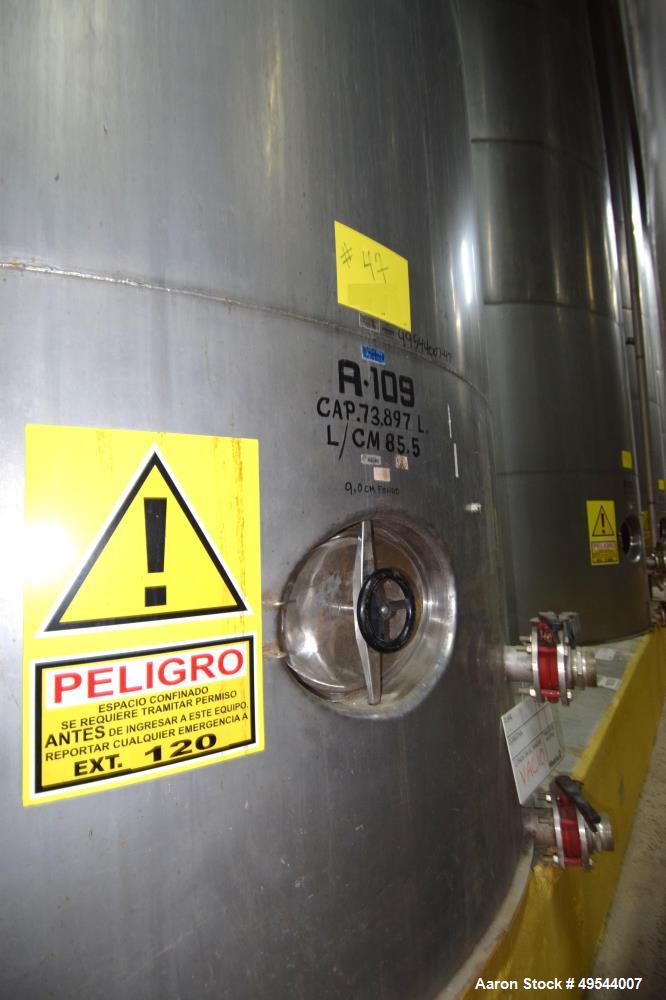 Used Tank, Approximate 19,500 Gallon, 14 Gauge Stainless steel, Vertical. Approximate 130” diameter x 336” straight side, coned top, 7” sloped bottom. Openings top 16” man way with cover and approxim...