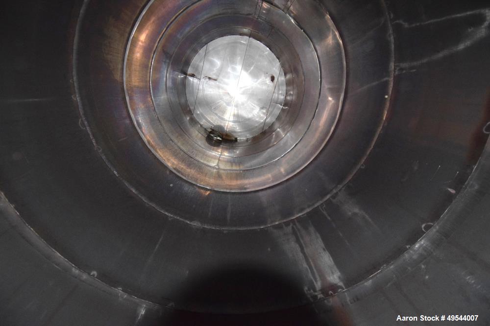 Used Tank, Approximate 19,500 Gallon, 14 Gauge Stainless steel, Vertical. Approximate 130” diameter x 336” straight side, coned top, 7” sloped bottom. Openings top 16” man way with cover and approxim...
