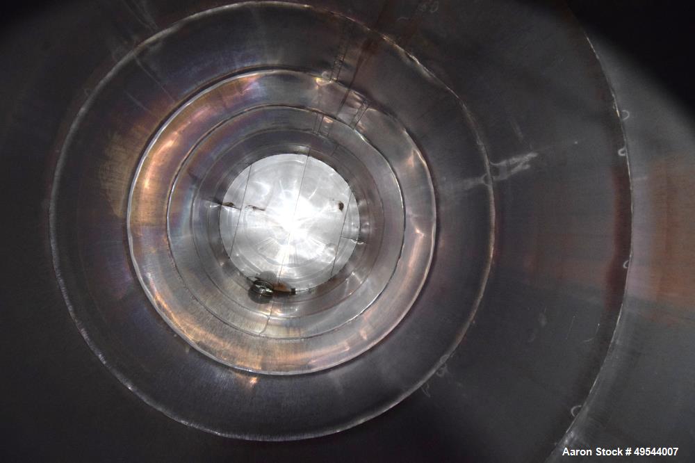 Used Tank, Approximate 19,500 Gallon, 14 Gauge Stainless steel, Vertical. Approximate 130” diameter x 336” straight side, coned top, 7” sloped bottom. Openings top 16” man way with cover and approxim...