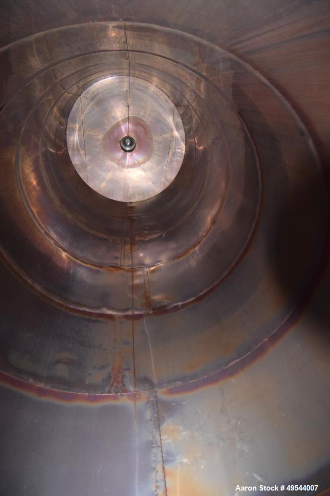 Used Tank, Approximate 19,500 Gallon, 14 Gauge Stainless steel, Vertical. Approximate 130” diameter x 336” straight side, coned top, 7” sloped bottom. Openings top 16” man way with cover and approxim...