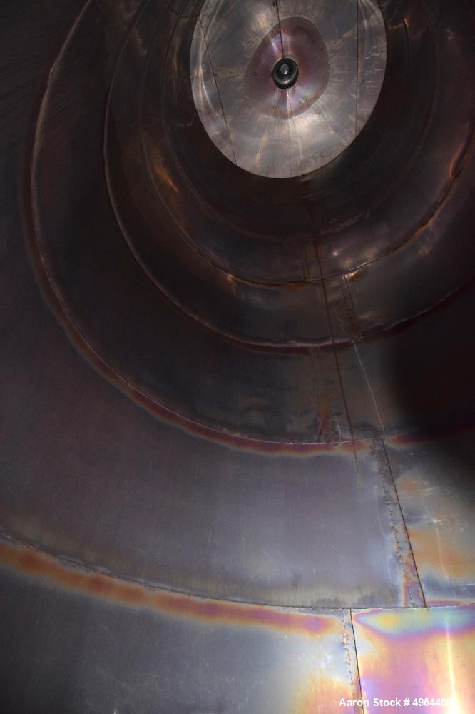 Used Tank, Approximate 19,500 Gallon, 14 Gauge Stainless steel, Vertical. Approximate 130” diameter x 336” straight side, coned top, 7” sloped bottom. Openings top 16” man way with cover and approxim...
