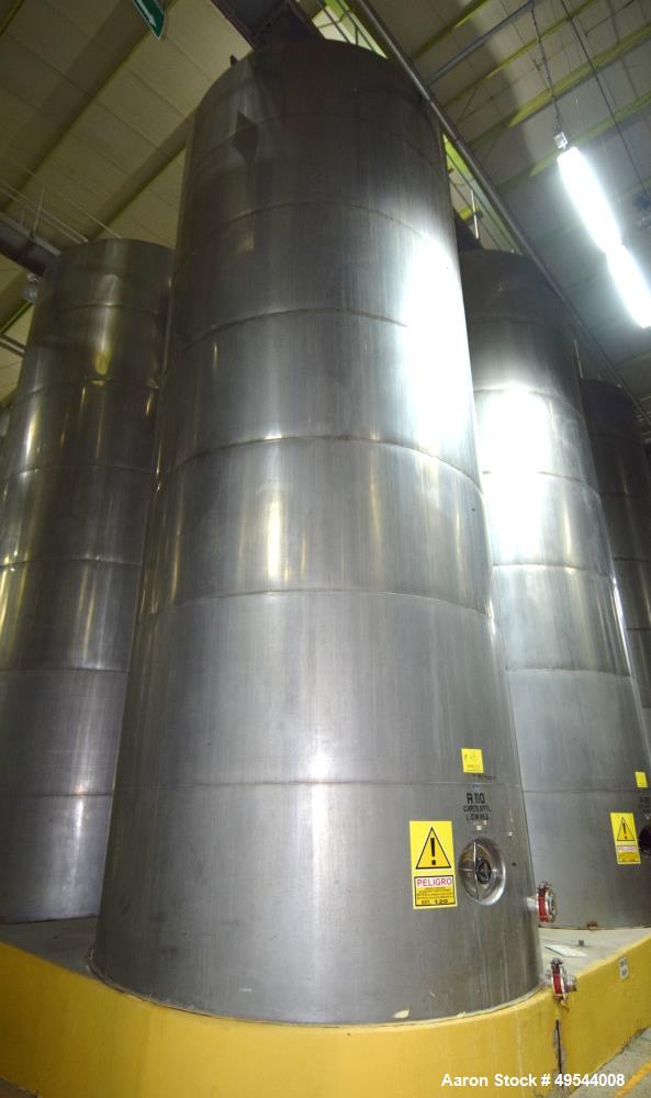 Used Tank, Approximate 19,500 Gallon, 14 Gauge Stainless steel, Vertical. Approximate 130” diameter x 336” straight side, coned top, 7” sloped bottom. Openings top 16” man way with cover and approxim...