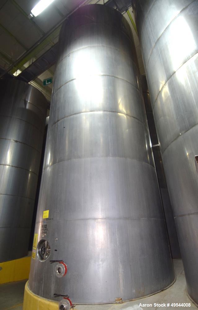 Used Tank, Approximate 19,500 Gallon, 14 Gauge Stainless steel, Vertical. Approximate 130” diameter x 336” straight side, coned top, 7” sloped bottom. Openings top 16” man way with cover and approxim...