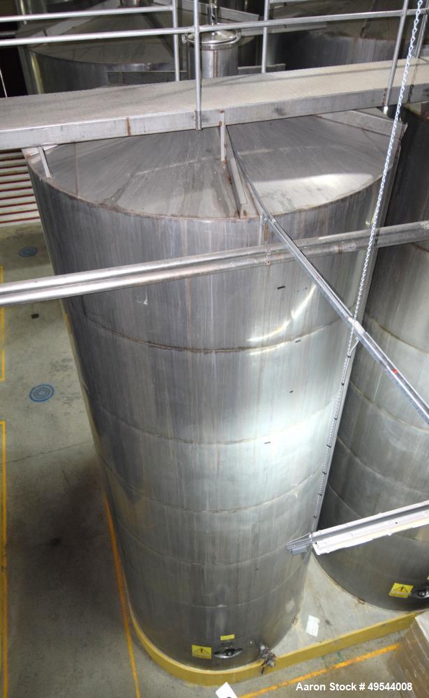 Used Tank, Approximate 19,500 Gallon, 14 Gauge Stainless steel, Vertical. Approximate 130” diameter x 336” straight side, coned top, 7” sloped bottom. Openings top 16” man way with cover and approxim...